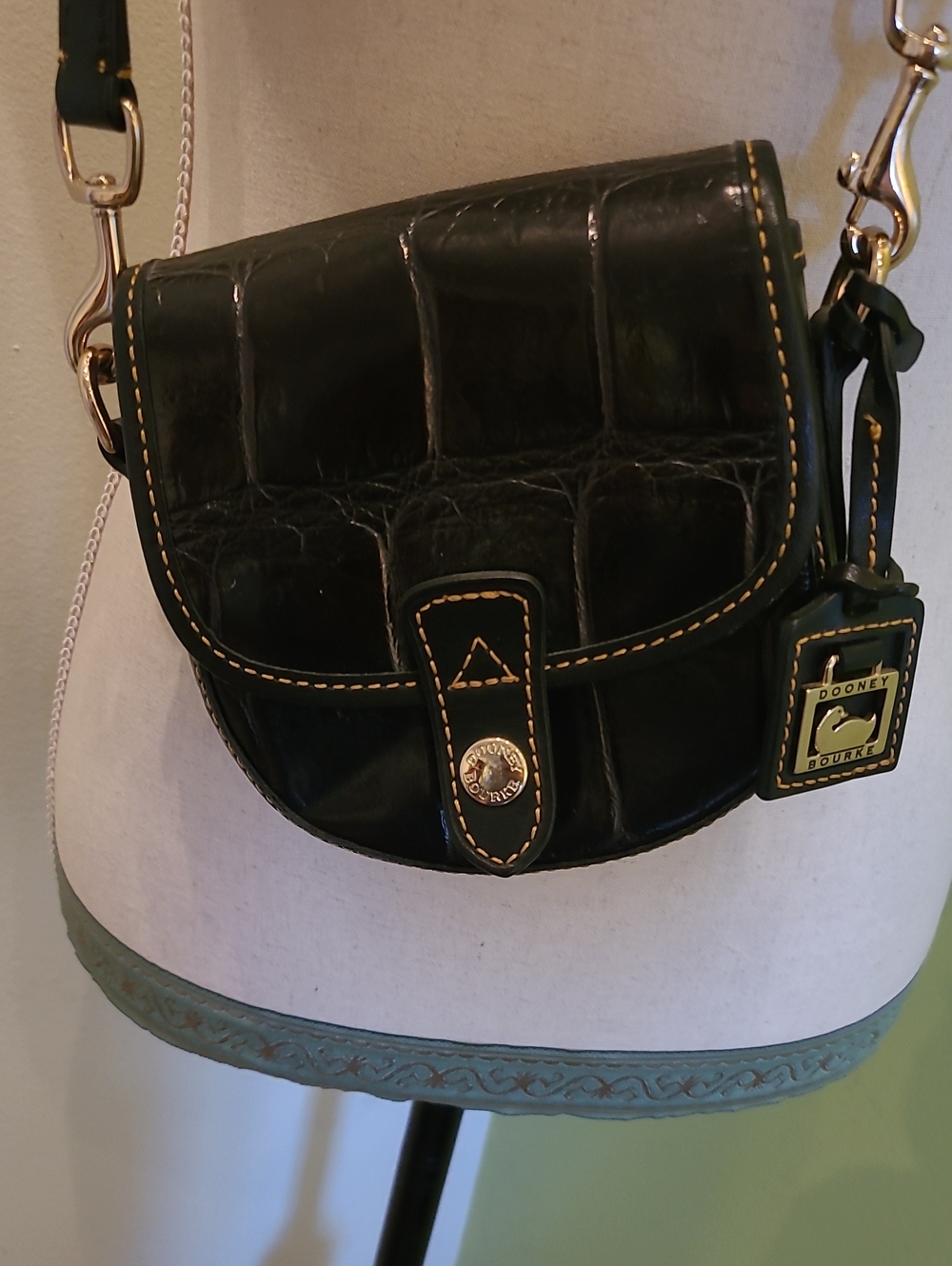 Vintage Dooney & Bourke Black Croc-Embossed Crossbody with Gold Hardware